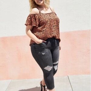 NWT Torrid Size Lace-Up Cold Shoulder Blouse Georgette Leopard Print Size 1X